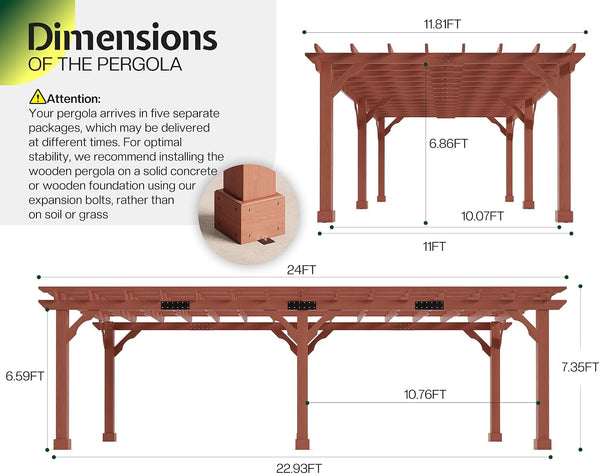12x24 Ft Premium Cedar Wood Pergola with Trellis Roof