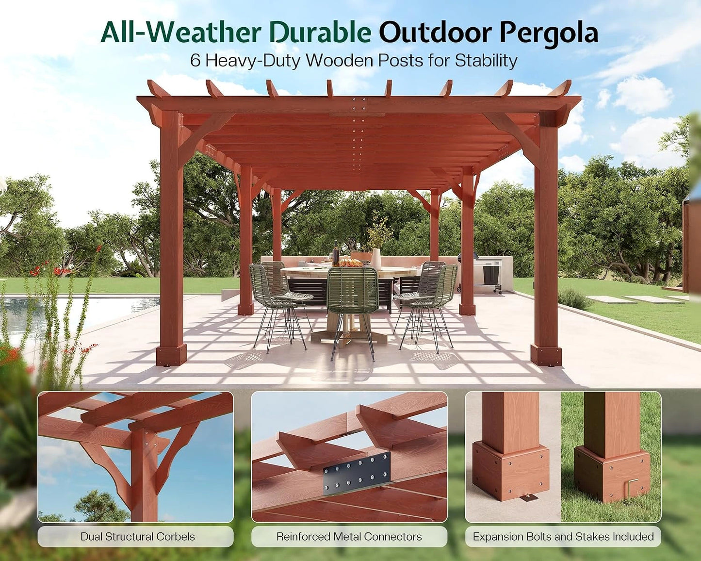 12X24 FT Premium Cedar Wood Pergola with Trellis Roof & Stakes — product view 5