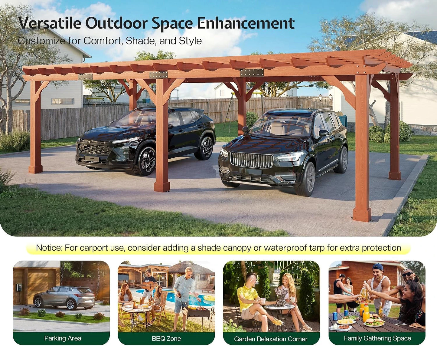 12X24 FT Premium Cedar Wood Pergola with Trellis Roof & Stakes — product view 6