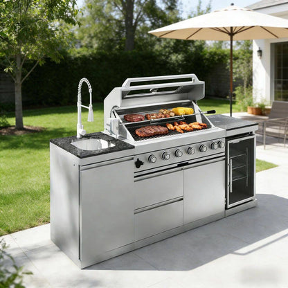43 In. 6-Burner 85000 BTU Propane Gas Grill Island Outdoor Kitchen with Refrigerator, Sink in Silver Stainless Steel — product view 2