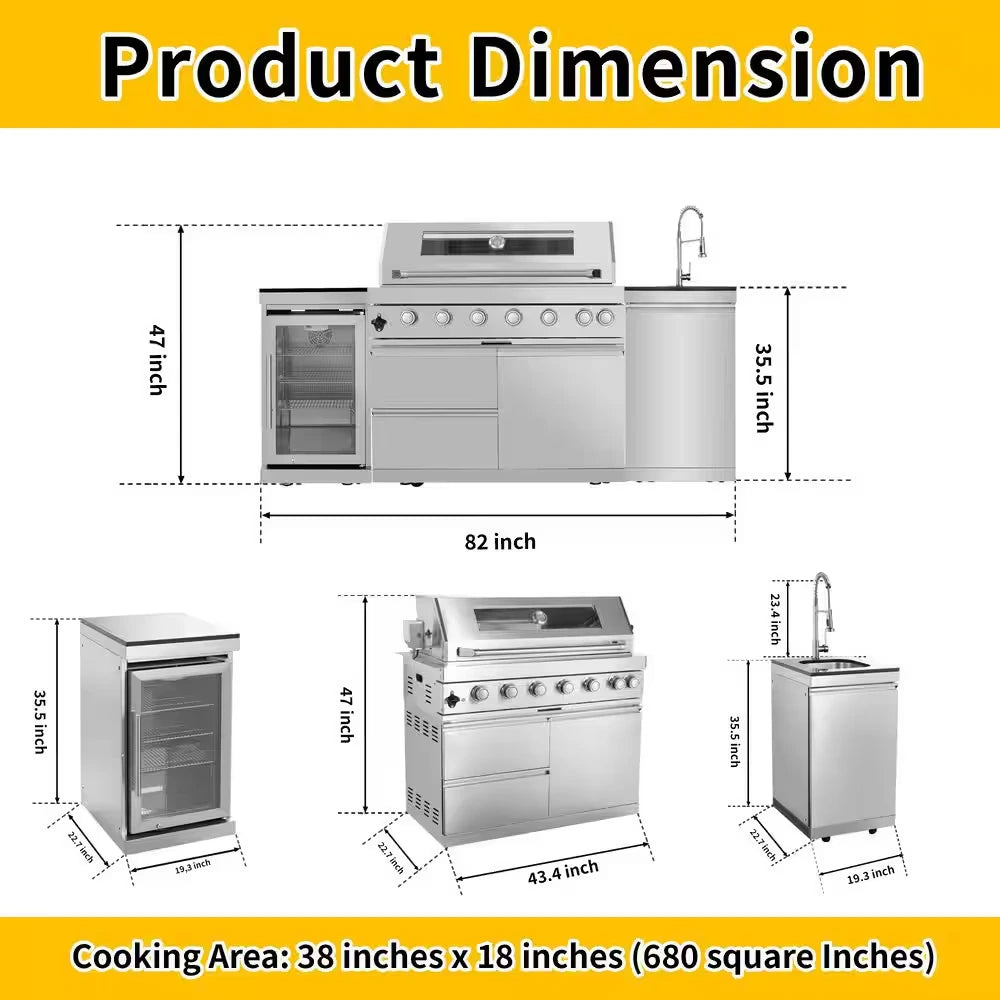43 In. 6-Burner 85000 BTU Propane Gas Grill Island Outdoor Kitchen with Refrigerator, Sink in Silver Stainless Steel — product view 3