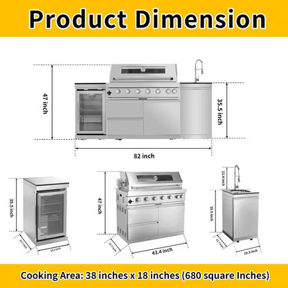 43 In. 6-Burner 85000 BTU Propane Gas Grill Island Outdoor Kitchen with Refrigerator, Sink in Silver Stainless Steel — product view 3