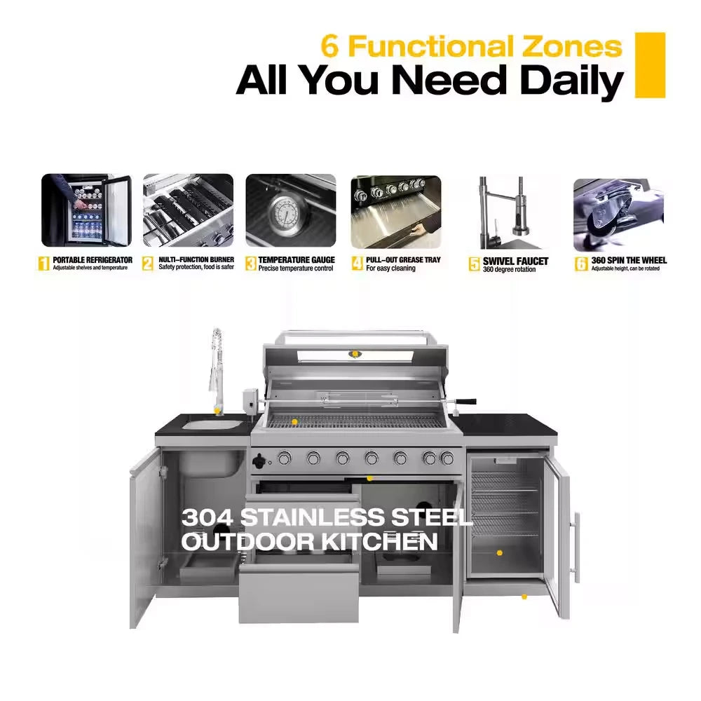 43 In. 6-Burner 85000 BTU Propane Gas Grill Island Outdoor Kitchen with Refrigerator, Sink in Silver Stainless Steel — product view 5
