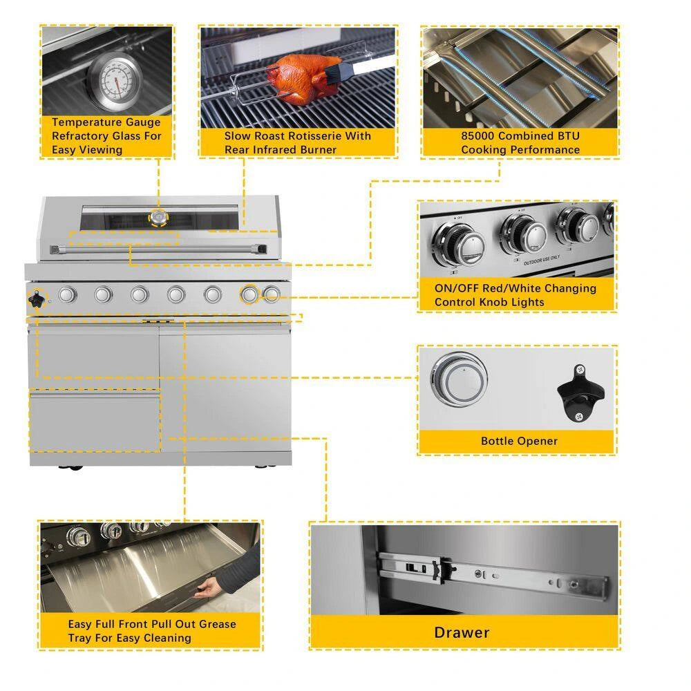43 In. 6-Burner 85000 BTU Propane Gas Grill Island Outdoor Kitchen with Refrigerator, Sink in Silver Stainless Steel — product view 8