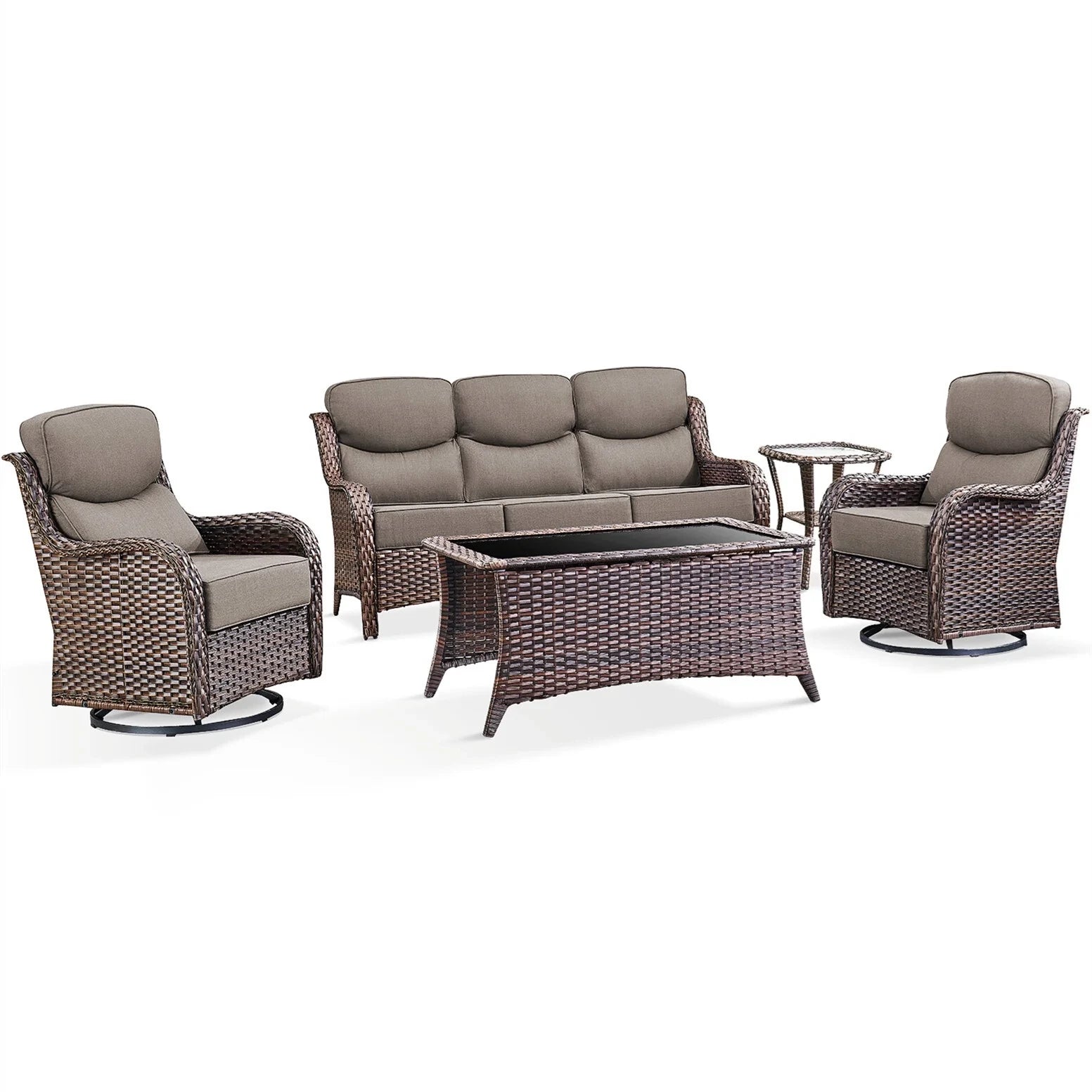 5 Pieces Outdoor Patio Furniture Set with Swivel Rocker Chairs and 6" Thick Cushions,Wicker Conversation Set with Sectional Sofa and Ottomans for Porch Deck Backyard Poolside — product view 12