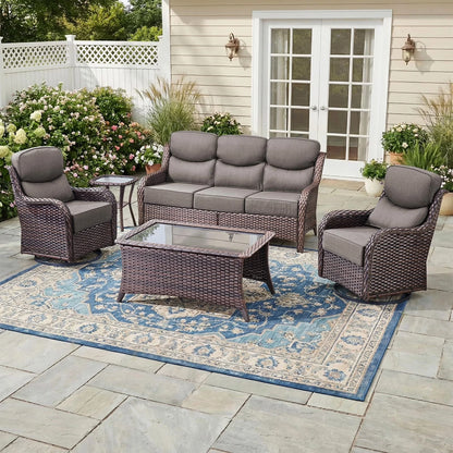 5 Pieces Outdoor Patio Furniture Set with Swivel Rocker Chairs and 6" Thick Cushions,Wicker Conversation Set with Sectional Sofa and Ottomans for Porch Deck Backyard Poolside — product view 2