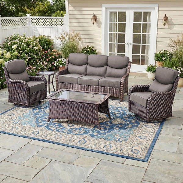 5-Piece Wicker Patio Set with Swivel Rockers & Ottomans