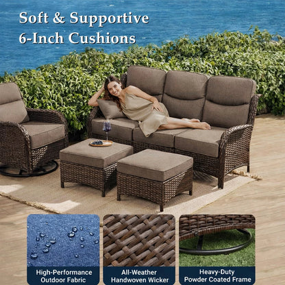 5 Pieces Outdoor Patio Furniture Set with Swivel Rocker Chairs and 6" Thick Cushions,Wicker Conversation Set with Sectional Sofa and Ottomans for Porch Deck Backyard Poolside — product view 3