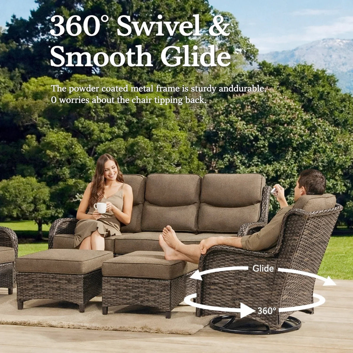 5 Pieces Outdoor Patio Furniture Set with Swivel Rocker Chairs and 6" Thick Cushions,Wicker Conversation Set with Sectional Sofa and Ottomans for Porch Deck Backyard Poolside — product view 4
