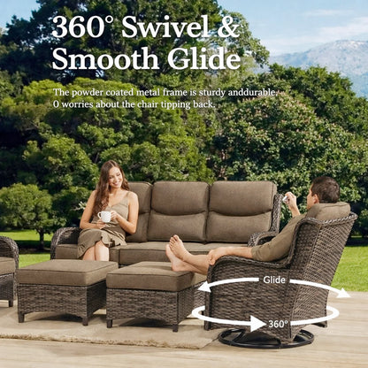 5 Pieces Outdoor Patio Furniture Set with Swivel Rocker Chairs and 6" Thick Cushions,Wicker Conversation Set with Sectional Sofa and Ottomans for Porch Deck Backyard Poolside — product view 4