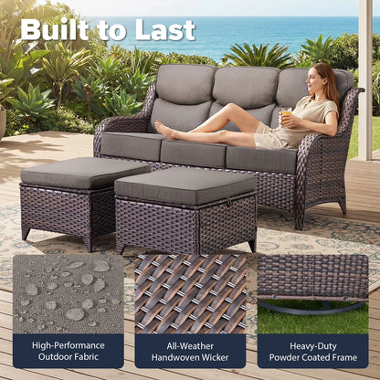 5 Pieces Outdoor Patio Furniture Set with Swivel Rocker Chairs and 6" Thick Cushions,Wicker Conversation Set with Sectional Sofa and Ottomans for Porch Deck Backyard Poolside — product view 8