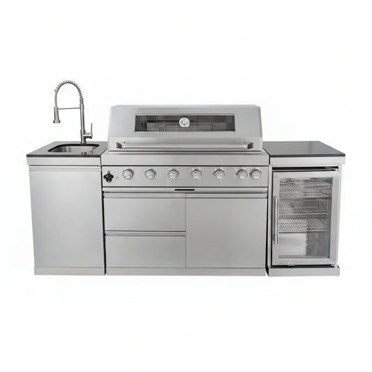 43 In. 6-Burner 85000 BTU Propane Gas Grill Island Outdoor Kitchen with Refrigerator, Sink in Silver Stainless Steel