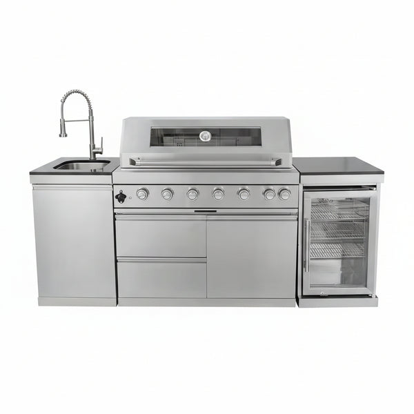 43 In. 6-Burner 85000 BTU Propane Gas Grill Island Outdoor Kitchen with Refrigerator, Sink in Silver Stainless Steel