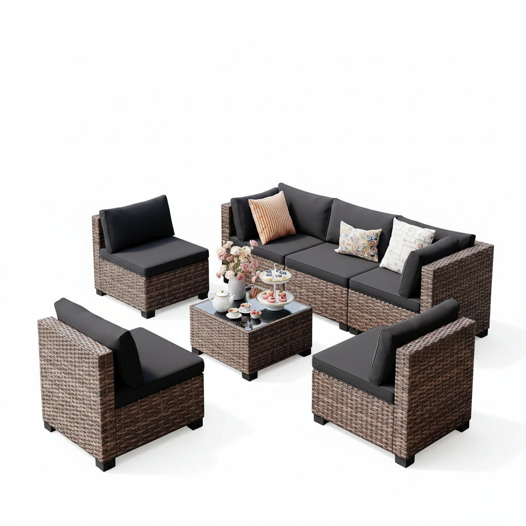 7 Pieces Outdoor Patio Furniture Set, All-Weather PE Rattan Outdoor Patio Sectional Furniture with Cushions and Glass Table, for Garden, Backyard, Porch, Black