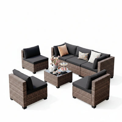 7-Piece PE Rattan Patio Sectional Set with Glass Table