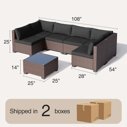 7 Pieces Outdoor Patio Furniture Set, All-Weather PE Rattan Outdoor Patio Sectional Furniture with Cushions and Glass Table, for Garden, Backyard, Porch, Black — product view 2