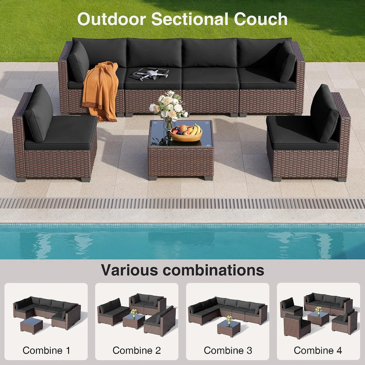 7 Pieces Outdoor Patio Furniture Set, All-Weather PE Rattan Outdoor Patio Sectional Furniture with Cushions and Glass Table, for Garden, Backyard, Porch, Black — product view 3