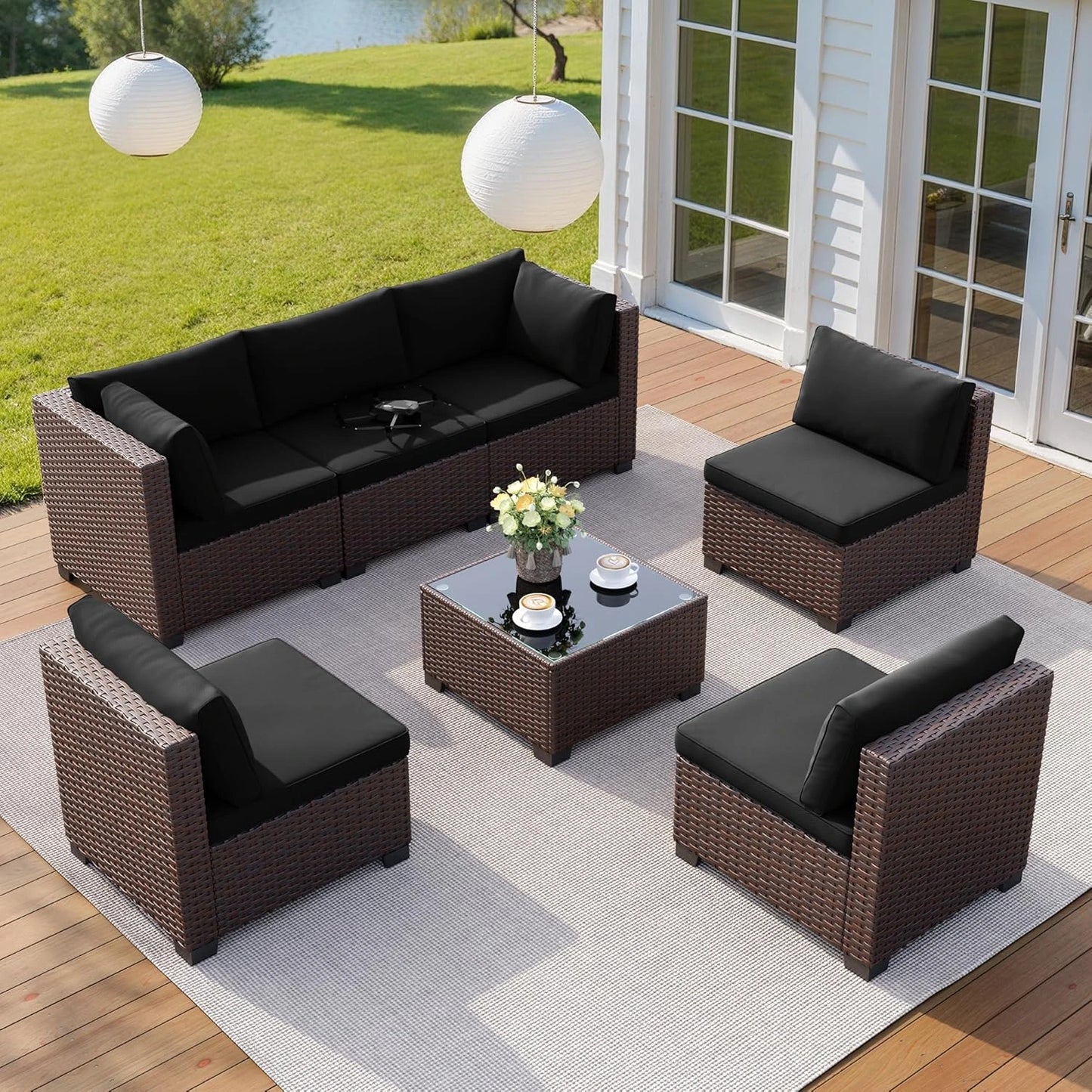 7 Pieces Outdoor Patio Furniture Set, All-Weather PE Rattan Outdoor Patio Sectional Furniture with Cushions and Glass Table, for Garden, Backyard, Porch, Black — product view 4