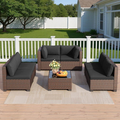 7 Pieces Outdoor Patio Furniture Set, All-Weather PE Rattan Outdoor Patio Sectional Furniture with Cushions and Glass Table, for Garden, Backyard, Porch, Black — product view 5