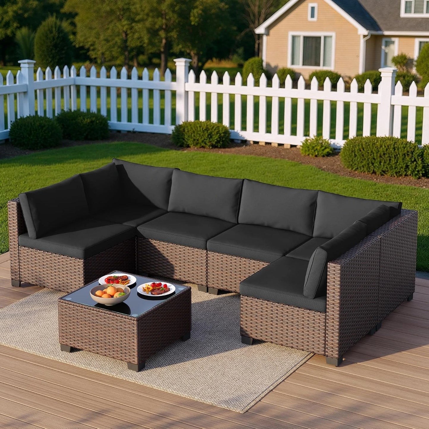 7 Pieces Outdoor Patio Furniture Set, All-Weather PE Rattan Outdoor Patio Sectional Furniture with Cushions and Glass Table, for Garden, Backyard, Porch, Black — product view 6