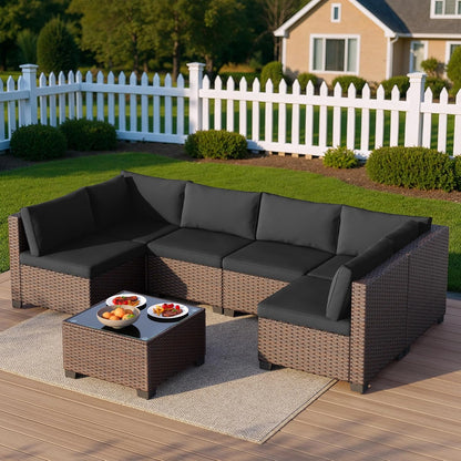 7 Pieces Outdoor Patio Furniture Set, All-Weather PE Rattan Outdoor Patio Sectional Furniture with Cushions and Glass Table, for Garden, Backyard, Porch, Black — product view 6