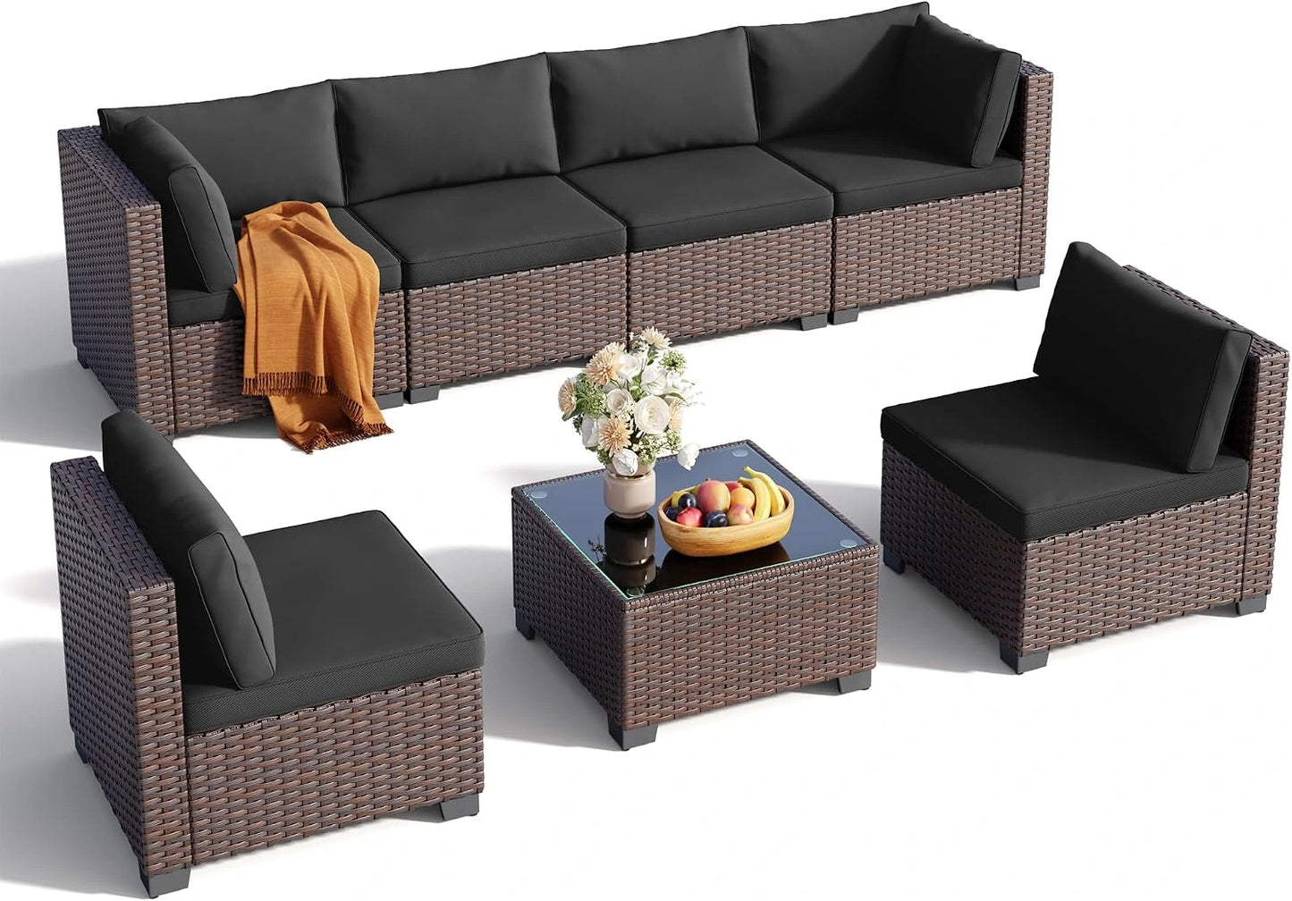 7 Pieces Outdoor Patio Furniture Set, All-Weather PE Rattan Outdoor Patio Sectional Furniture with Cushions and Glass Table, for Garden, Backyard, Porch, Black — product view 8