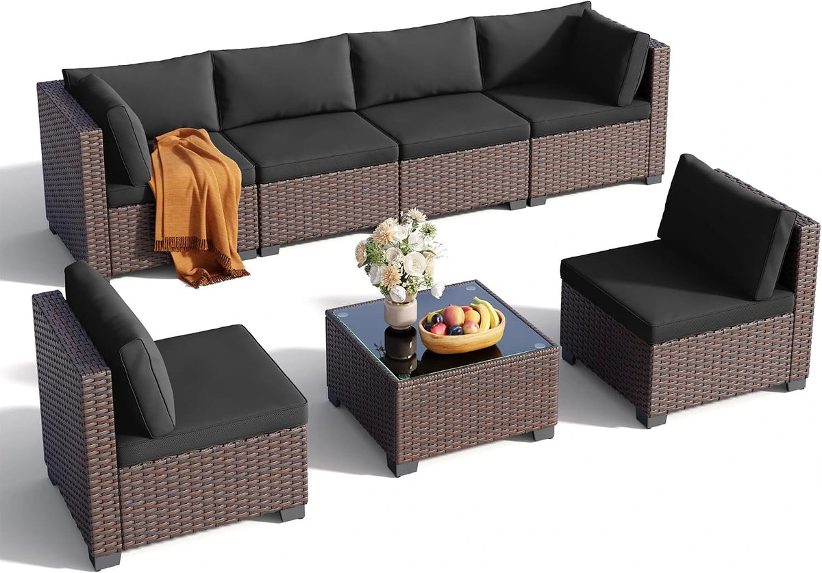 7 Pieces Outdoor Patio Furniture Set, All-Weather PE Rattan Outdoor Patio Sectional Furniture with Cushions and Glass Table, for Garden, Backyard, Porch, Black — product view 8