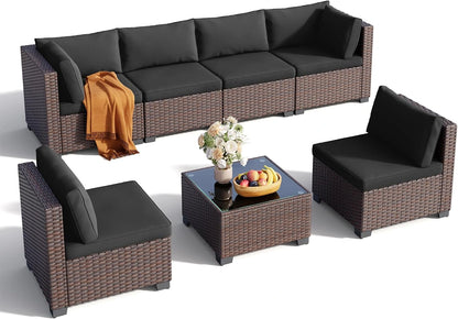7 Pieces Outdoor Patio Furniture Set, All-Weather PE Rattan Outdoor Patio Sectional Furniture with Cushions and Glass Table, for Garden, Backyard, Porch, Black — product view 8