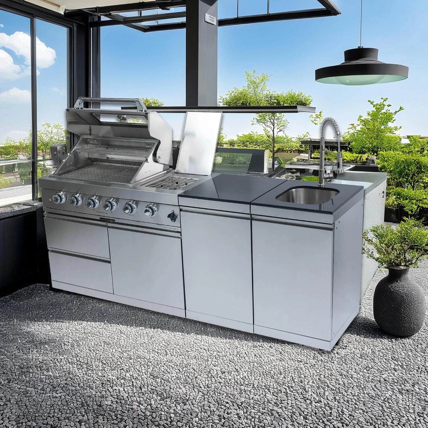85" 4-Burner Gas Grill Island W/Sink & Granite — product view 5