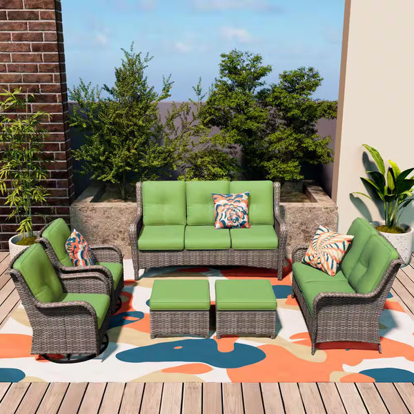 6-Piece Outdoor Patio Sofa Set with Green Cushions