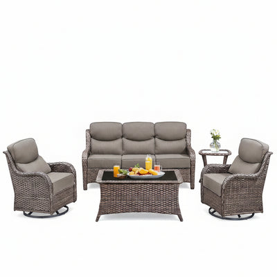 5-Piece Wicker Patio Set with Swivel Rockers & Ottomans