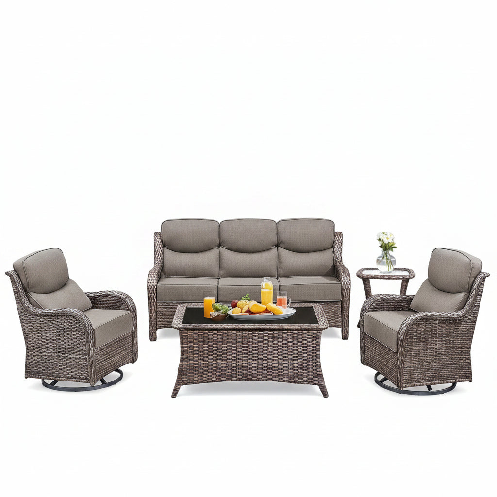 5 Pieces Outdoor Patio Furniture Set with Swivel Rocker Chairs and 6" Thick Cushions,Wicker Conversation Set with Sectional Sofa and Ottomans for Porch Deck Backyard Poolside