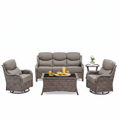 5 Pieces Outdoor Patio Furniture Set with Swivel Rocker Chairs and 6" Thick Cushions,Wicker Conversation Set with Sectional Sofa and Ottomans for Porch Deck Backyard Poolside