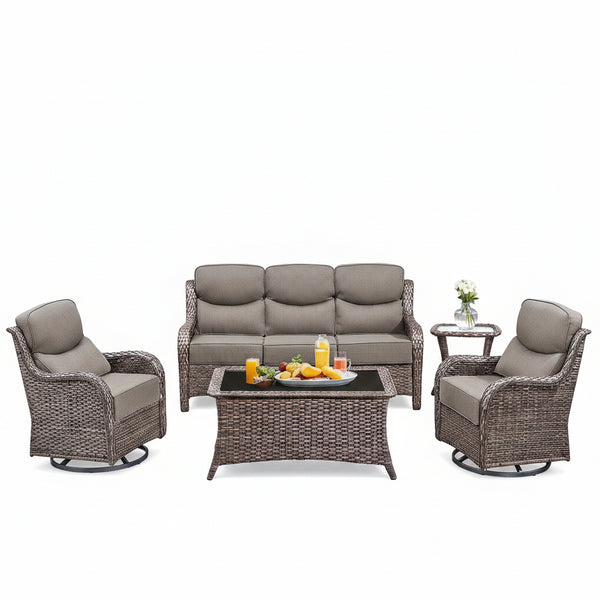 5 Pieces Outdoor Patio Furniture Set with Swivel Rocker Chairs and 6" Thick Cushions,Wicker Conversation Set with Sectional Sofa and Ottomans for Porch Deck Backyard Poolside