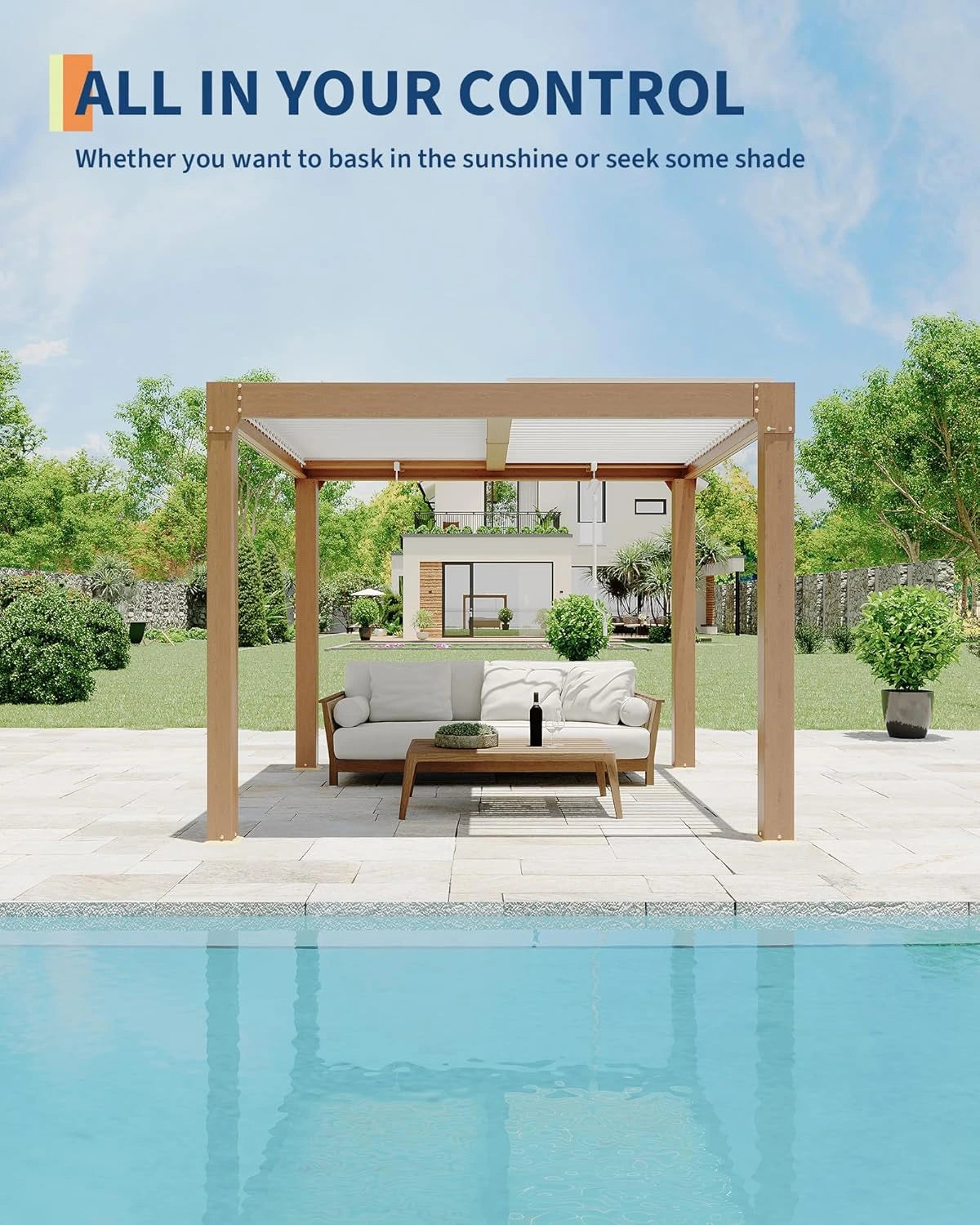 Louvered Pergola 10 Ft X10', Outdoor Pergola with Adjustable Louvered Roof, Reinforced Aluminum Frame, Integrated Drainage System, Hardtop Gazebo for Patio, Deck, Wood Grain — product view 3