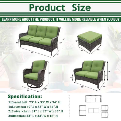 Patio Furniture Set 6-Piece Outdoor Patio Conversation Set with Green Cushions Lawn Furniture — product view 4